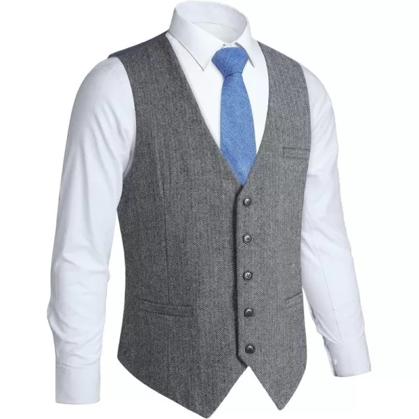 HISDERN Men's Herringbone Tweed Vest British Wedding Premium Wool Blend Suit Vest Business Formal Dress Vests Waistcoat
