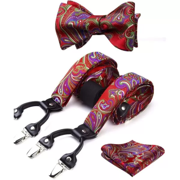 HISDERN Mens Paisley Floral Suspenders Strong 6 Clips Y-Back Adjustable Trouser Braces Self BowTie Set for Party Work