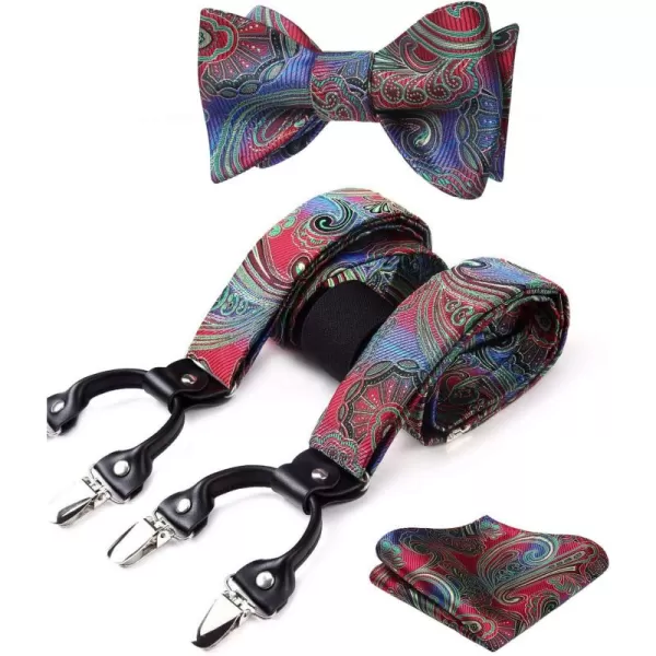 HISDERN Mens Paisley Floral Suspenders Strong 6 Clips Y-Back Adjustable Trouser Braces Self BowTie Set for Party Work