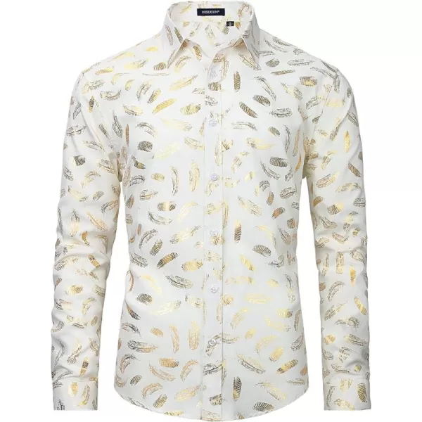HISDERN Men's Shiny Rose Gold Dress Shirts Nightclub Floral Printed Long Sleeve Shirts 70s Paisley Button Down Party Shirt