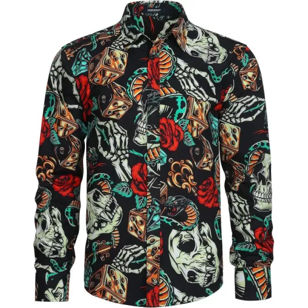 HISDERN Men's Shiny Rose Gold Dress Shirts Nightclub Floral Printed Long Sleeve Shirts 70s Paisley Button Down Party Shirt