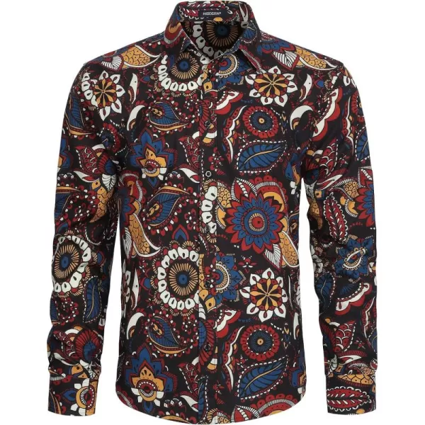 HISDERN Men's Shiny Rose Gold Dress Shirts Nightclub Floral Printed Long Sleeve Shirts 70s Paisley Button Down Party Shirt