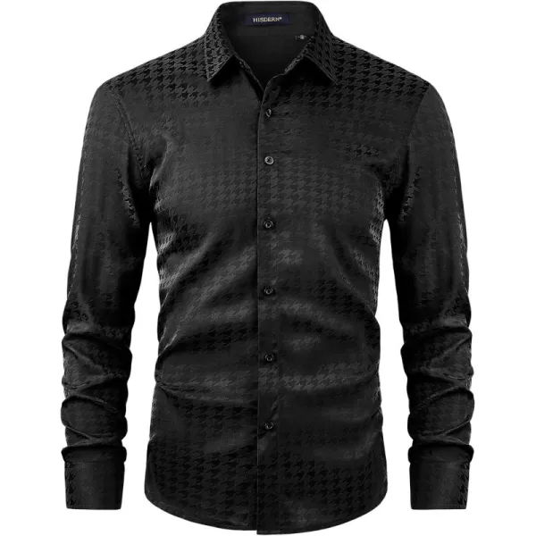 HISDERN Men's Shiny Satin Dress Shirts Luxury Floral Jacquard Slik Like Long Sleeve Fashion Shirt for Wedding Party Prom