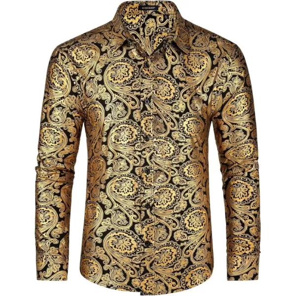 HISDERN Men's Shiny Satin Dress Shirts Luxury Floral Jacquard Slik Like Long Sleeve Fashion Shirt for Wedding Party Prom