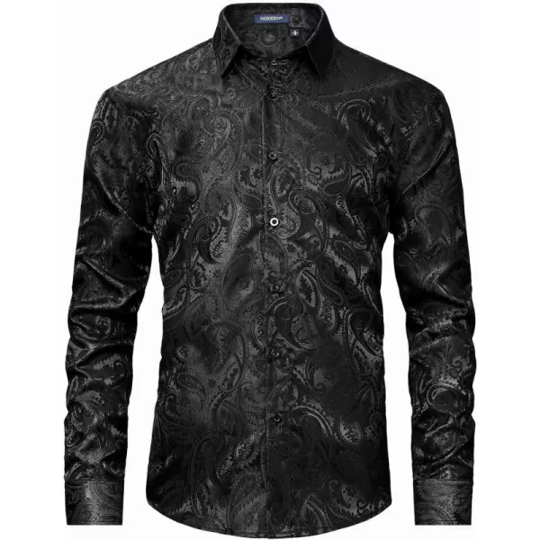 HISDERN Men's Shiny Satin Dress Shirts Luxury Floral Jacquard Slik Like Long Sleeve Fashion Shirt for Wedding Party Prom
