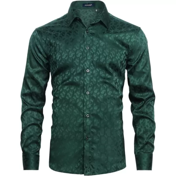 HISDERN Men's Shiny Satin Dress Shirts Luxury Floral Jacquard Slik Like Long Sleeve Fashion Shirt for Wedding Party Prom