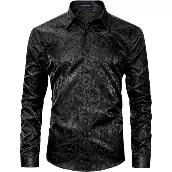 HISDERN Men's Shiny Satin Dress Shirts Luxury Floral Jacquard Slik Like Long Sleeve Fashion Shirt for Wedding Party Prom
