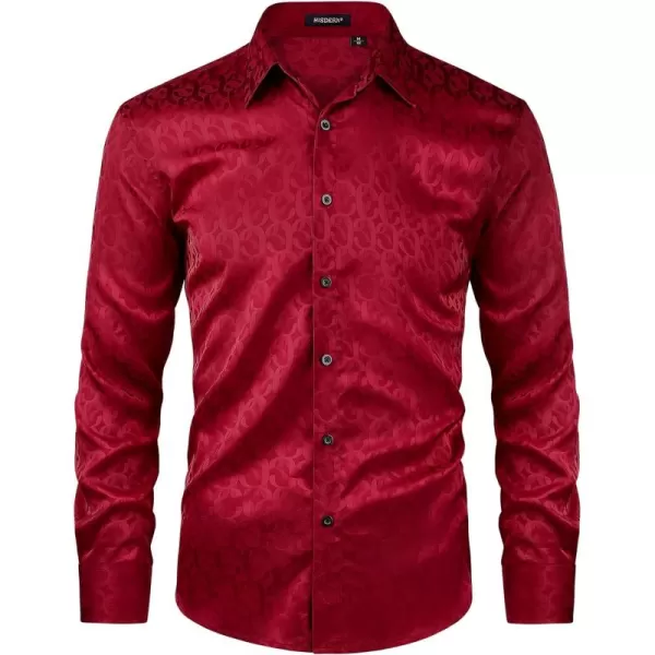 HISDERN Men's Shiny Satin Dress Shirts Luxury Floral Jacquard Slik Like Long Sleeve Fashion Shirt for Wedding Party Prom