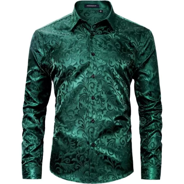 HISDERN Men's Shiny Satin Dress Shirts Luxury Floral Jacquard Slik Like Long Sleeve Fashion Shirt for Wedding Party Prom
