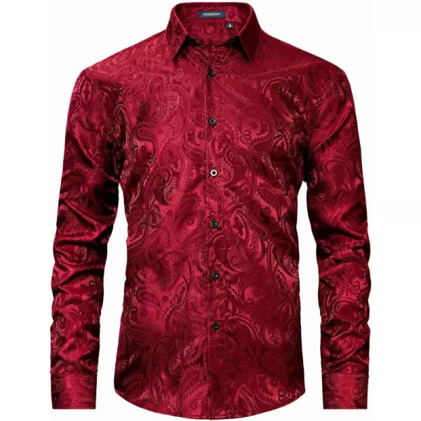 HISDERN Men's Shiny Satin Dress Shirts Luxury Floral Jacquard Slik Like Long Sleeve Fashion Shirt for Wedding Party Prom