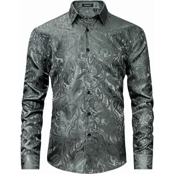 HISDERN Men's Shiny Satin Dress Shirts Luxury Floral Jacquard Slik Like Long Sleeve Fashion Shirt for Wedding Party Prom