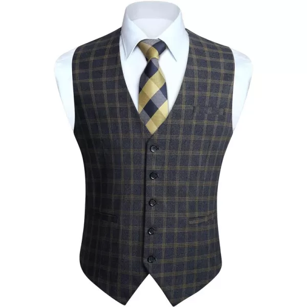 HISDERN Men's Suit Vest Plaid Dress Vest for Men Slim Fit Formal Business Waistcoat Tuxedo V-Ncek Solid Vest for Wedding