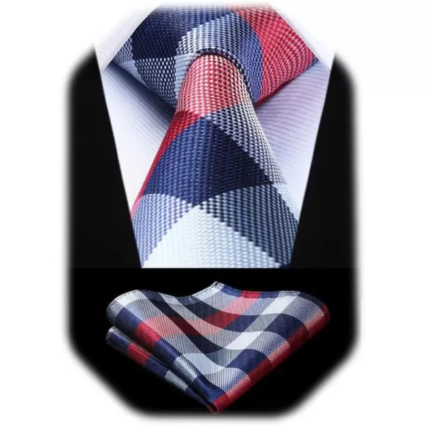 HISDERN Mens Ties Plaid Tie and Pocket Square Set Classic Woven Formal Checkered Neckties &amp; Handkerchief Wedding Party