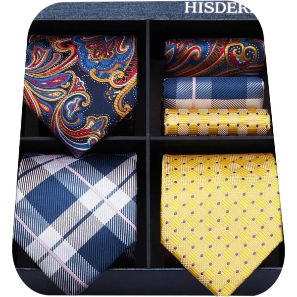 HISDERN Mens Ties Set Collection Tie and Pocket Square Lot 3 Pcs Formal Business Neckties Gift Box Wedding Necktie