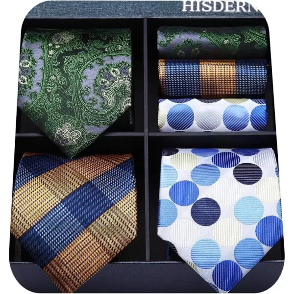 HISDERN Mens Ties Set Collection Tie and Pocket Square Lot 3 Pcs Formal Business Neckties Gift Box Wedding Necktie