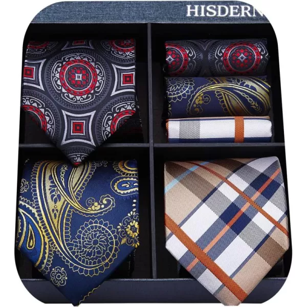 HISDERN Mens Ties Set Collection Tie and Pocket Square Lot 3 Pcs Formal Business Neckties Gift Box Wedding Necktie