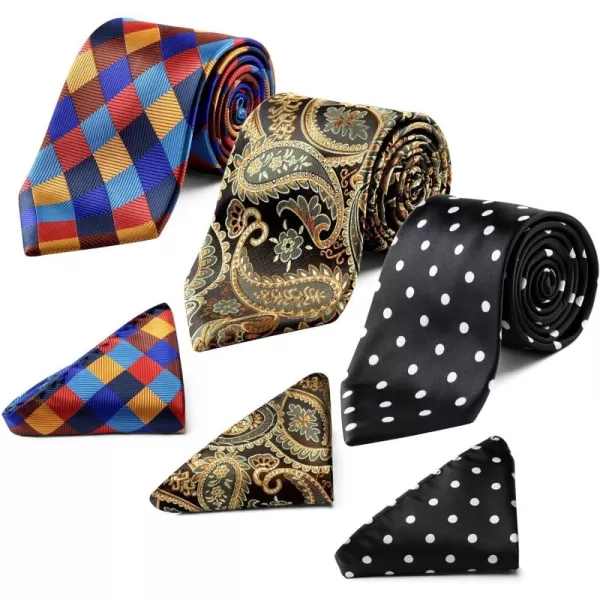 HISDERN Mens Ties and Pocket Square Set Business Elegant Ties for Men Classic Lot 3 Pcs Wedding Party Neckties &amp; Handkerchief