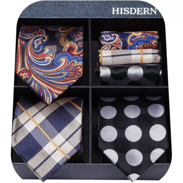 HISDERN Mens Ties and Pocket Square Set Business Elegant Ties for Men Classic Lot 3 Pcs Wedding Party Neckties &amp; Handkerchief