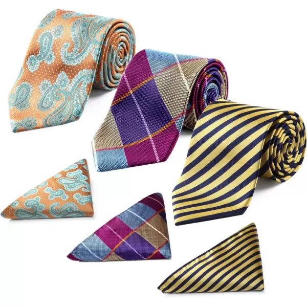 HISDERN Mens Ties and Pocket Square Set Business Elegant Ties for Men Classic Lot 3 Pcs Wedding Party Neckties &amp; Handkerchief