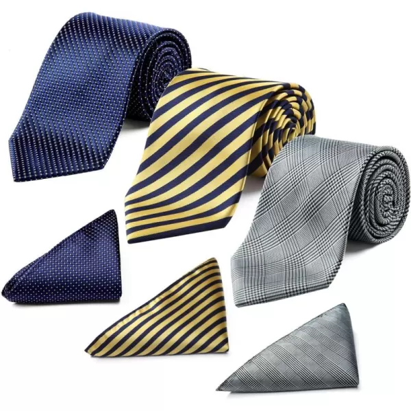 HISDERN Mens Ties and Pocket Square Set Business Elegant Ties for Men Classic Lot 3 Pcs Wedding Party Neckties &amp; Handkerchief