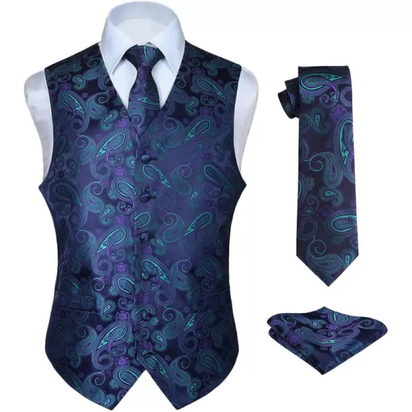 HISDERN Mens Vest Tie Set 3PC Formal Waistcoat Paisley Floral Jacquard Necktie Pocket Square Suit Vests Wedding Party