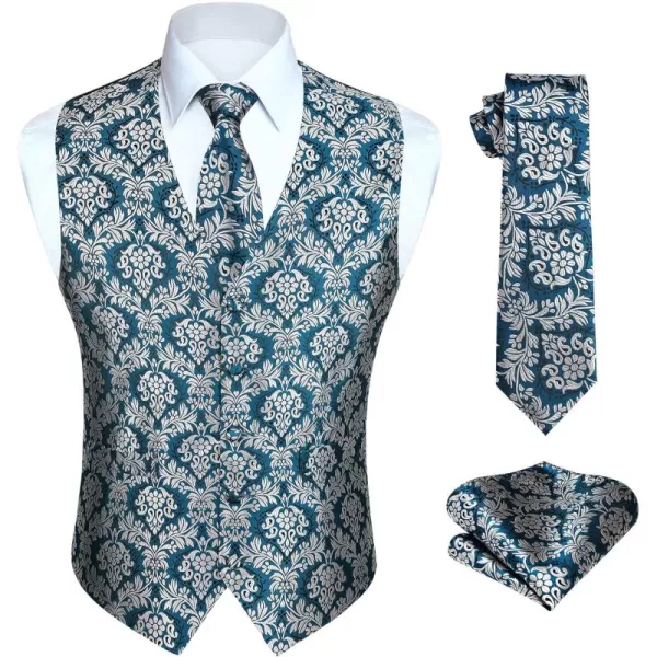 HISDERN Mens Vest Tie Set 3PC Formal Waistcoat Paisley Floral Jacquard Necktie Pocket Square Suit Vests Wedding Party