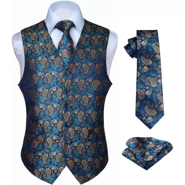 HISDERN Mens Vest Tie Set 3PC Formal Waistcoat Paisley Floral Jacquard Necktie Pocket Square Suit Vests Wedding Party