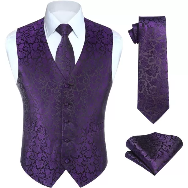 HISDERN Mens Vest Tie Set 3PC Formal Waistcoat Paisley Floral Jacquard Necktie Pocket Square Suit Vests Wedding Party