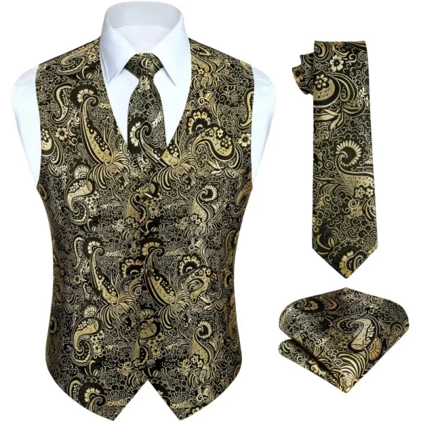HISDERN Mens Vest Tie Set 3PC Formal Waistcoat Paisley Floral Jacquard Necktie Pocket Square Suit Vests Wedding Party