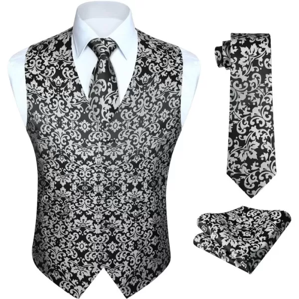 HISDERN Mens Vest Tie Set 3PC Formal Waistcoat Paisley Floral Jacquard Necktie Pocket Square Suit Vests Wedding Party