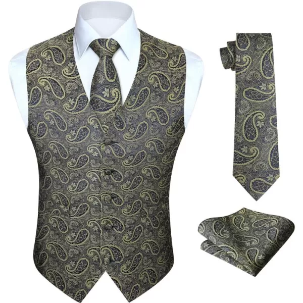 HISDERN Mens Vest Tie Set 3PC Formal Waistcoat Paisley Floral Jacquard Necktie Pocket Square Suit Vests Wedding Party