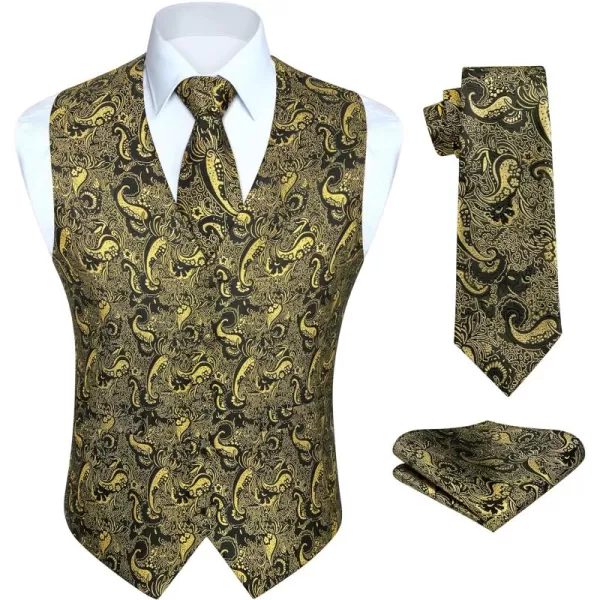 HISDERN Men's Vest Tie Set Paisley Floral Jacquard Necktie Pocket Square 3PCS Waistcoat for Suit or Tuxedo Wedding Party