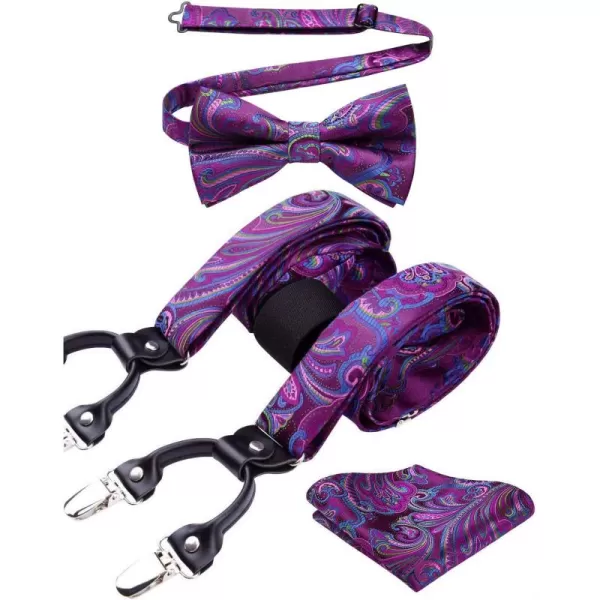 HISDERN Suspenders for Men Paisley Floral Bow tie Suspender Pocket Square Sets Adjustable Y Shape 6 Clips Wedding Braces