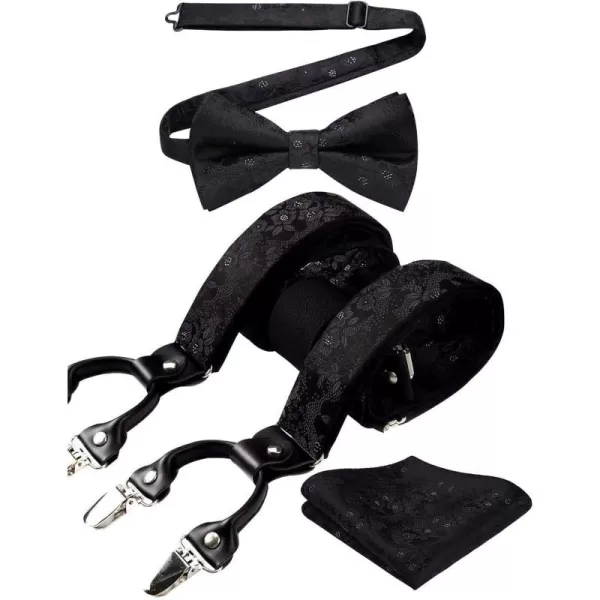 HISDERN Suspenders for Men Paisley Floral Bow tie Suspender Pocket Square Sets Adjustable Y Shape 6 Clips Wedding Braces