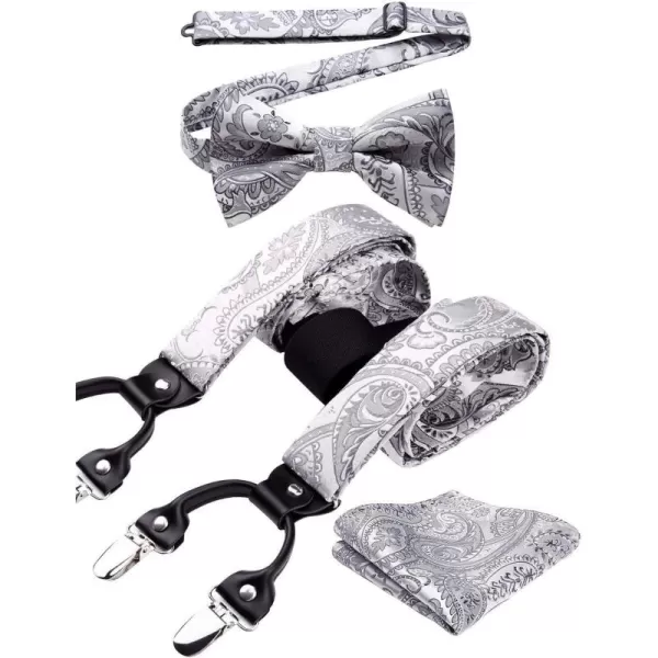 HISDERN Suspenders for Men Paisley Floral Bow tie Suspender Pocket Square Sets Adjustable Y Shape 6 Clips Wedding Braces
