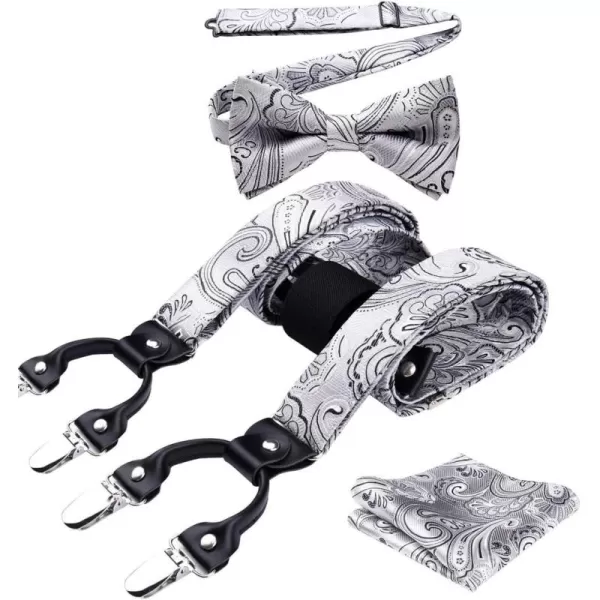 HISDERN Suspenders for Men Paisley Floral Bow tie Suspender Pocket Square Sets Adjustable Y Shape 6 Clips Wedding Braces