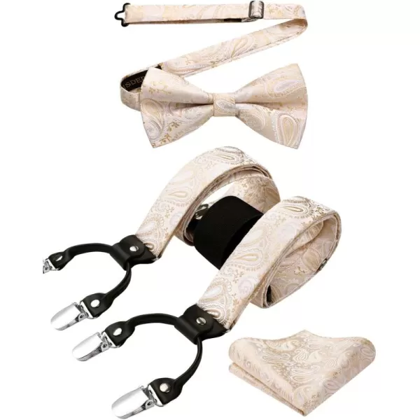 HISDERN Suspenders for Men Paisley Floral Bow tie Suspender Pocket Square Sets Adjustable Y Shape 6 Clips Wedding Braces