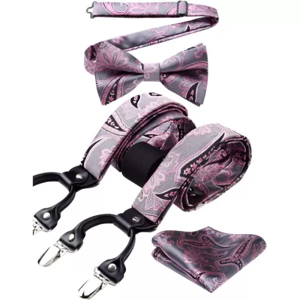 HISDERN Suspenders for Men Paisley Floral Bow tie Suspender Pocket Square Sets Adjustable Y Shape 6 Clips Wedding Braces