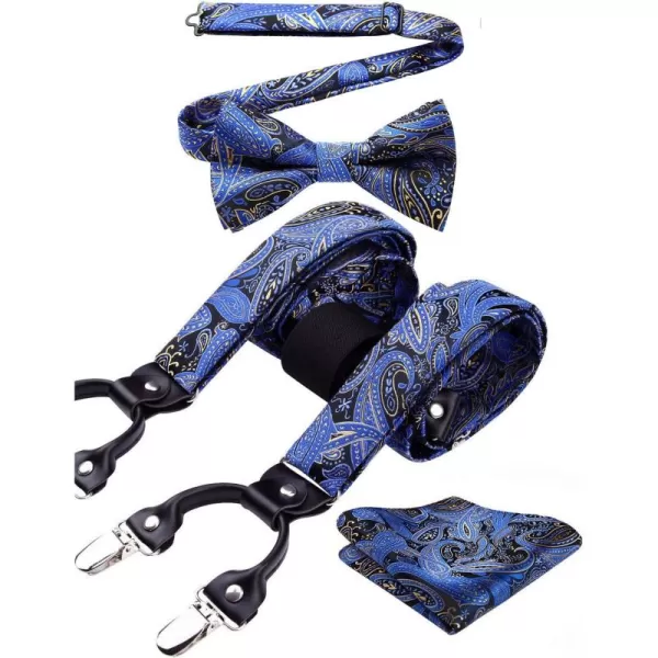 HISDERN Suspenders for Men Paisley Floral Bow tie Suspender Pocket Square Sets Adjustable Y Shape 6 Clips Wedding Braces