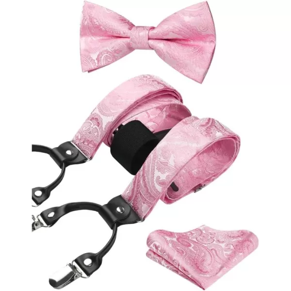 HISDERN Suspenders for Men Paisley Floral Bow tie Suspender Pocket Square Sets Adjustable Y Shape 6 Clips Wedding Braces