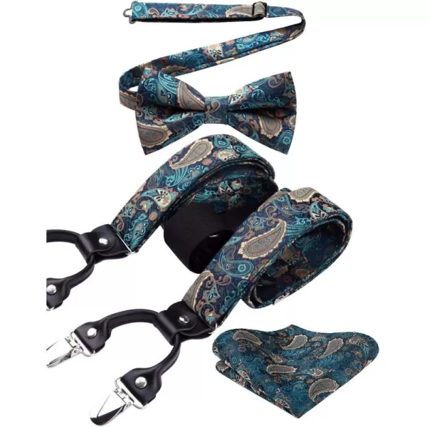 HISDERN Suspenders for Men Paisley Floral Bow tie Suspender Pocket Square Sets Adjustable Y Shape 6 Clips Wedding Braces