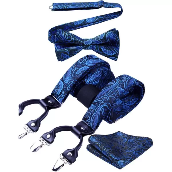 HISDERN Suspenders for Men Paisley Floral Bow tie Suspender Pocket Square Sets Adjustable Y Shape 6 Clips Wedding Braces