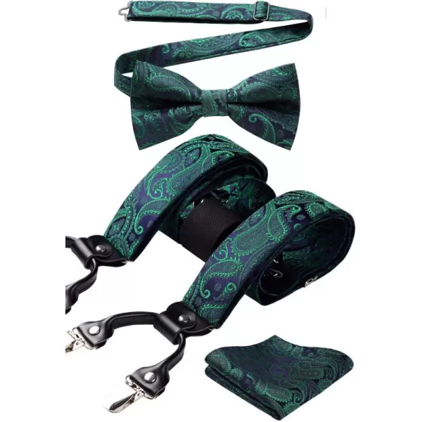 HISDERN Suspenders for Men Paisley Floral Bow tie Suspender Pocket Square Sets Adjustable Y Shape 6 Clips Wedding Braces