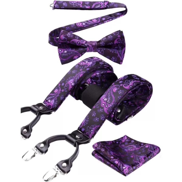 HISDERN Suspenders for Men Paisley Floral Bow tie Suspender Pocket Square Sets Adjustable Y Shape 6 Clips Wedding Braces