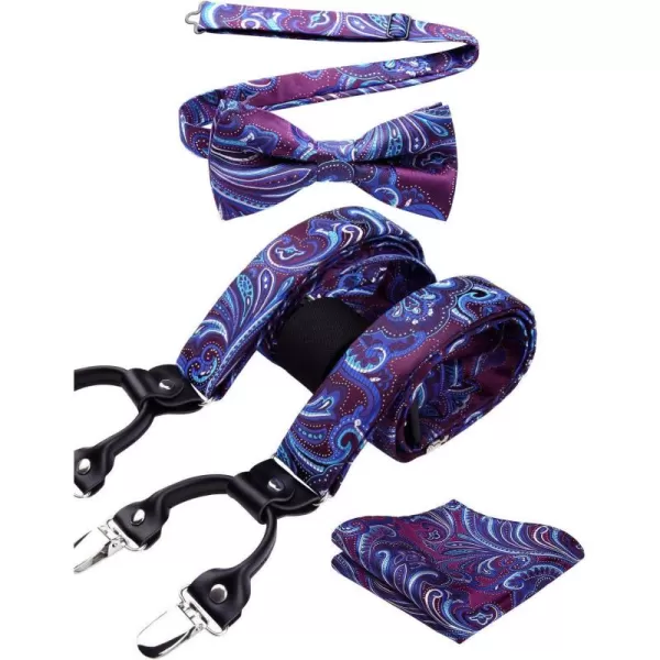 HISDERN Suspenders for Men Paisley Floral Bow tie Suspender Pocket Square Sets Adjustable Y Shape 6 Clips Wedding Braces
