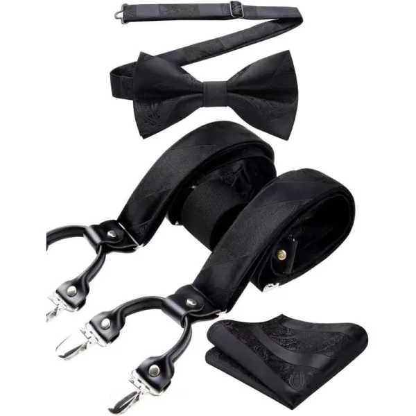 HISDERN Suspenders for Men Paisley Floral Bow tie Suspender Pocket Square Sets Adjustable Y Shape 6 Clips Wedding Braces