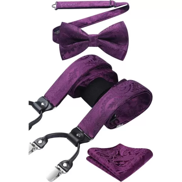 HISDERN Suspenders for Men Paisley Floral Bow tie Suspender Pocket Square Sets Adjustable Y Shape 6 Clips Wedding Braces