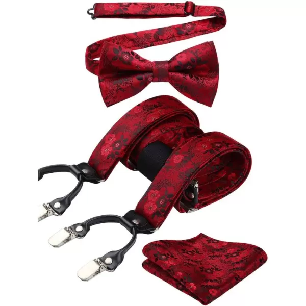 HISDERN Suspenders for Men Paisley Floral Bow tie Suspender Pocket Square Sets Adjustable Y Shape 6 Clips Wedding Braces