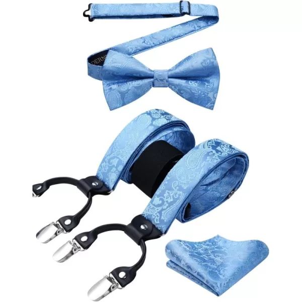 HISDERN Suspenders for Men Paisley Floral Bow tie Suspender Pocket Square Sets Adjustable Y Shape 6 Clips Wedding Braces