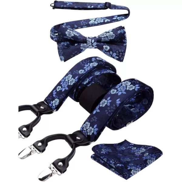 HISDERN Suspenders for Men Paisley Floral Bow tie Suspender Pocket Square Sets Adjustable Y Shape 6 Clips Wedding Braces